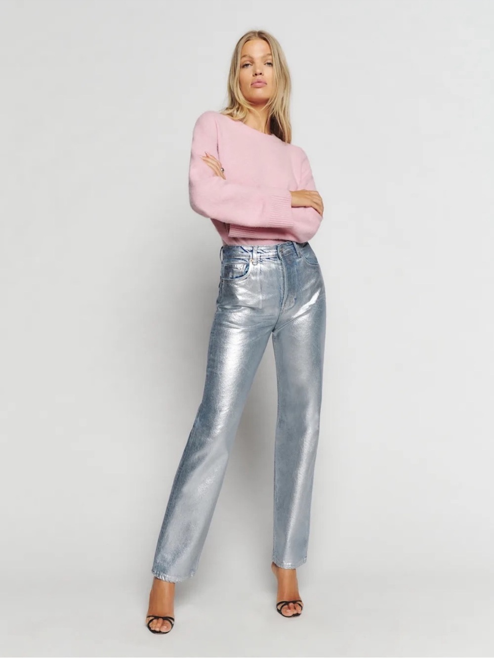 Reformation Metallic Silver Straight-Leg Jeans